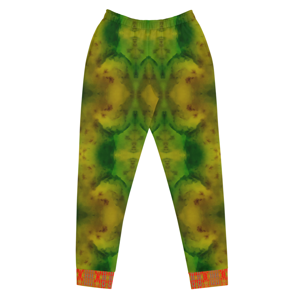 Hand Made, Print on Demand, Apparel & Accessories > Clothing > Activewear, Joggers, Sweatpants, River Jade Smithy, RJS, Travis Huffaker, RJSTH, 70% polyester, 27% cotton, 3% elastane, Slim fit, Cuffed legs, pockets, Elastic waistband, drawstring, RJSTH@Fabric#3, geometric, mottled, green, jade, orange, cuff, love, front