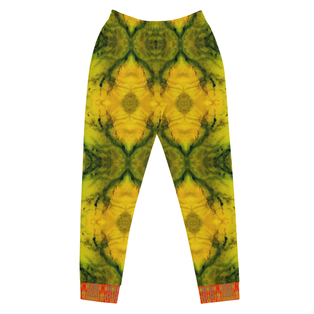 Hand Made, Print on Demand, Apparel & Accessories > Clothing > Activewear, Joggers, Sweatpants, River Jade Smithy, RJS, Travis Huffaker, RJSTH, 70% polyester, 27% cotton, 3% elastane, Slim fit, Cuffed legs, pockets, Elastic waistband, drawstring, RJSTH@Fabric#1, geometric, yellow, jade, green, crystal, orange, cuff, front