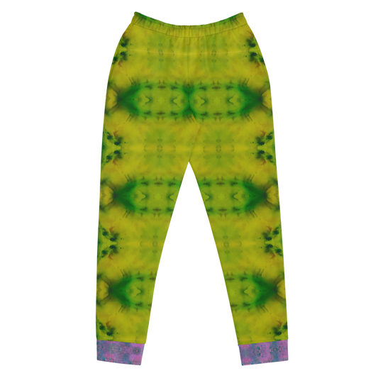 Hand Made, Print on Demand, Apparel & Accessories > Clothing > Activewear, Joggers, Sweatpants, River Jade Smithy, RJS, Travis Huffaker, RJSTH, 70% polyester, 27% cotton, 3% elastane, Slim fit, Cuffed legs, pockets, Elastic waistband, drawstring, RJSTH@Fabric#5, geometric, green, yellow, jade, purple, leg, cuff, love, front