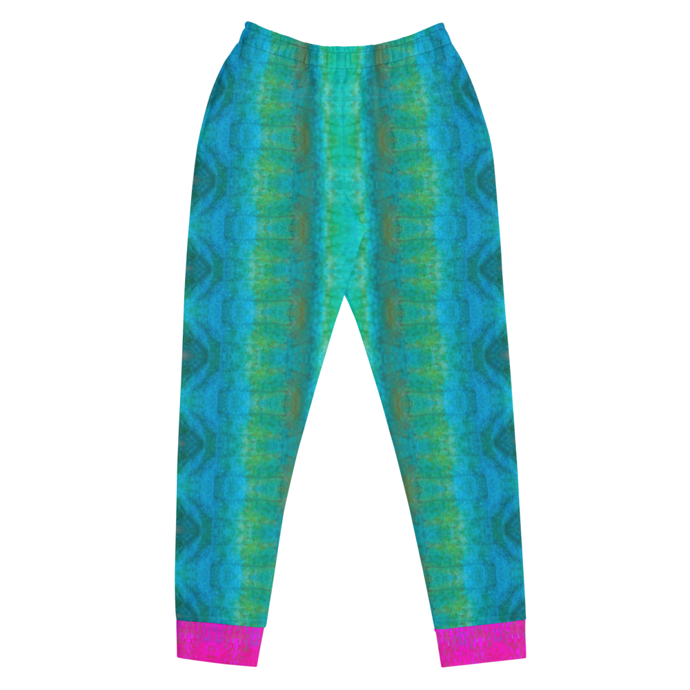 Hand Made, Print on Demand, Apparel & Accessories > Clothing > Activewear, Joggers, Sweatpants, River Jade Smithy, RJS, Travis Huffaker, RJSTH, 70% polyester, 27% cotton, 3% elastane, Slim fit, Pink Cuffed legs, pockets, Elastic waistband, drawstring, RJSTH@Fabric#8, raku, blue, green, teal, pink, crackle, abstract, front