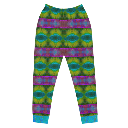 Hand Made, Print on Demand, Apparel & Accessories > Clothing > Activewear, Joggers, Sweatpants, River Jade Smithy, RJS, Travis Huffaker, RJSTH, 70% polyester, 27% cotton, 3% elastane, Slim fit, Blue, Cuffed legs, pockets, Elastic waistband, drawstring, RJSTH@Fabric#11, raku, geometric, purple, yellow, green, crackle, front