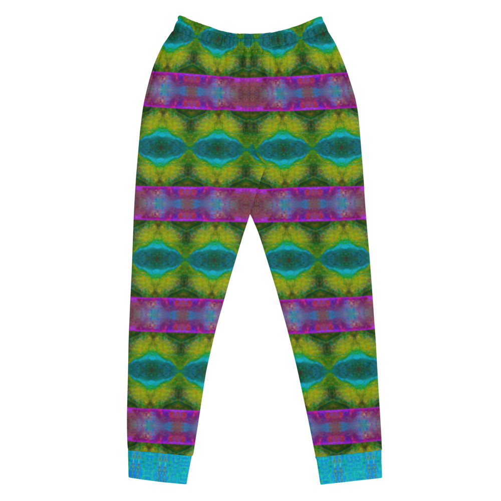 Hand Made, Print on Demand, Apparel & Accessories > Clothing > Activewear, Joggers, Sweatpants, River Jade Smithy, RJS, Travis Huffaker, RJSTH, 70% polyester, 27% cotton, 3% elastane, Slim fit, Blue, Cuffed legs, pockets, Elastic waistband, drawstring, RJSTH@Fabric#11, raku, geometric, purple, yellow, green, crackle, front