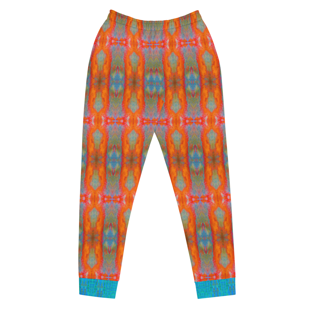 Hand Made, Print on Demand, Apparel & Accessories > Clothing > Activewear, Joggers, Sweatpants, River Jade Smithy, RJS, Travis Huffaker, RJSTH, 70% polyester, 27% cotton, 3% elastane, Slim fit, blue, Cuffed legs, pockets, Elastic waistband, drawstring, RJSTH#Fabric#12, raw Collection, raku, orange, red, gray, blue, geometric, front