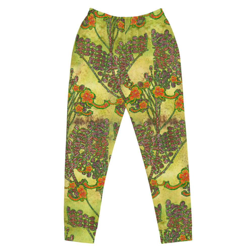 Hand Made, Print on Demand, Apparel & Accessories > Clothing > Activewear, Joggers, Sweatpants, River Jade Smithy, RJS, Travis Huffaker, RJSTH, 70% polyester, 27% cotton, 3% elastane, Slim fit, Cuffed legs, pockets, Elastic waistband, drawstring, RJSTH@Fabric#2, WindSong Flower, raku, green, orange, flowers, copper, front