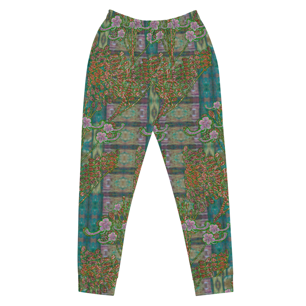 Hand Made, Print on Demand, Apparel & Accessories > Clothing > Activewear, Joggers, Sweatpants, River Jade Smithy, RJS, Travis Huffaker, RJSTH, 70% polyester, 27% cotton, 3% elastane, Slim fit, Cuffed legs, pockets, Elastic waistband, drawstring, RJSTH@Fabric#4, WindSong Flower, green, crackle, purple, flowers, copper, front