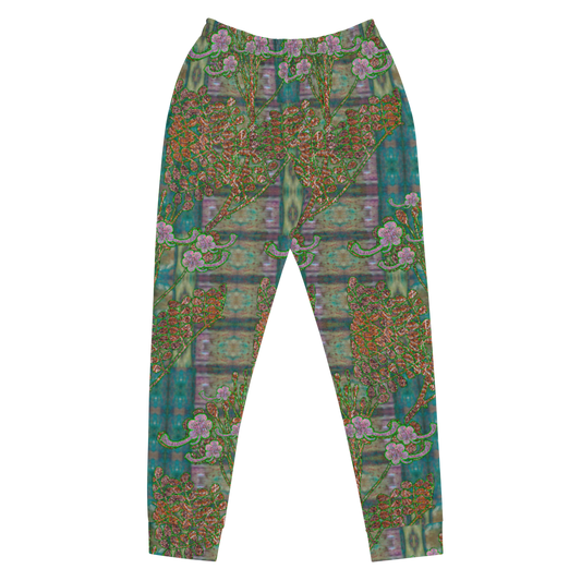 Hand Made, Print on Demand, Apparel & Accessories > Clothing > Activewear, Joggers, Sweatpants, River Jade Smithy, RJS, Travis Huffaker, RJSTH, 70% polyester, 27% cotton, 3% elastane, Slim fit, Cuffed legs, pockets, Elastic waistband, drawstring, RJSTH@Fabric#4, WindSong Flower, green, crackle, purple, flowers, copper, front