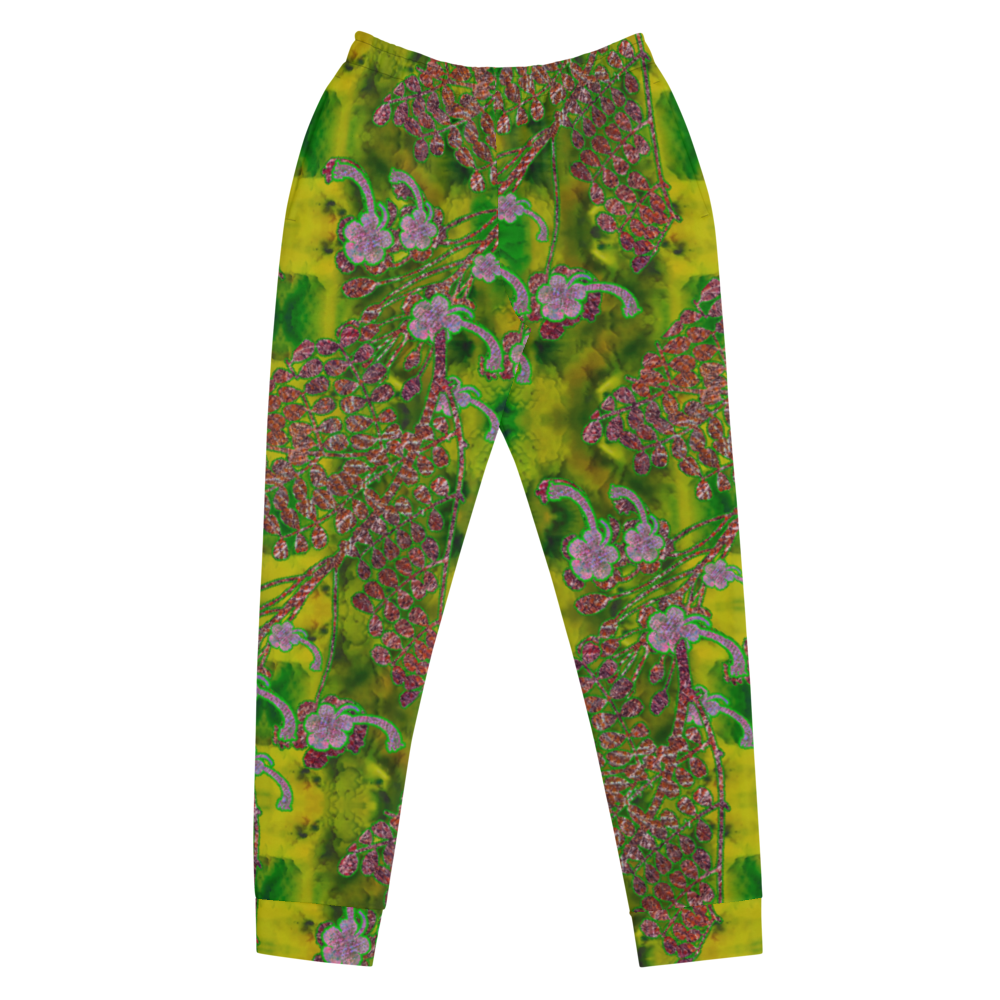 Hand Made, Print on Demand, Apparel & Accessories > Clothing > Activewear, Joggers, Sweatpants, River Jade Smithy, RJS, Travis Huffaker, RJSTH, 70% polyester, 27% cotton, 3% elastane, Slim fit, Cuffed legs, pockets, Elastic waistband, drawstring, RJSTH@Fabric#5, WindSong Flower, geometric, green, jade, purple, flowers, woven, copper, leaves, front