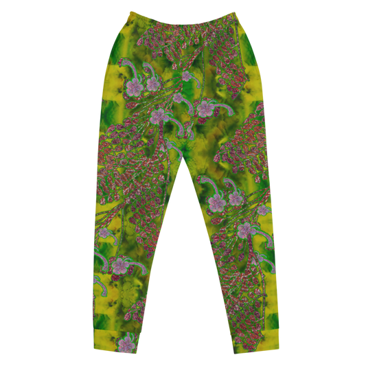 Hand Made, Print on Demand, Apparel & Accessories > Clothing > Activewear, Joggers, Sweatpants, River Jade Smithy, RJS, Travis Huffaker, RJSTH, 70% polyester, 27% cotton, 3% elastane, Slim fit, Cuffed legs, pockets, Elastic waistband, drawstring, RJSTH@Fabric#5, WindSong Flower, geometric, green, jade, purple, flowers, woven, copper, leaves, front