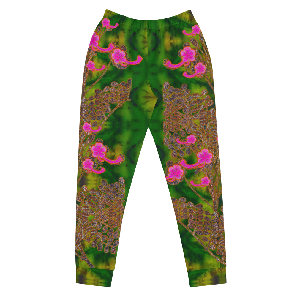 Hand Made, Print on Demand, Apparel & Accessories > Clothing > Activewear, Joggers, Sweatpants, River Jade Smithy, RJS, Travis Huffaker, RJSTH, 70% polyester, 27% cotton, 3% elastane, Slim fit, Cuffed legs, pockets, Elastic waistband, drawstring, RJSTH@Fabric#7, WindSong Flower Collection, patterned, green, jade, woven, copper, leaves, pink flowers, back