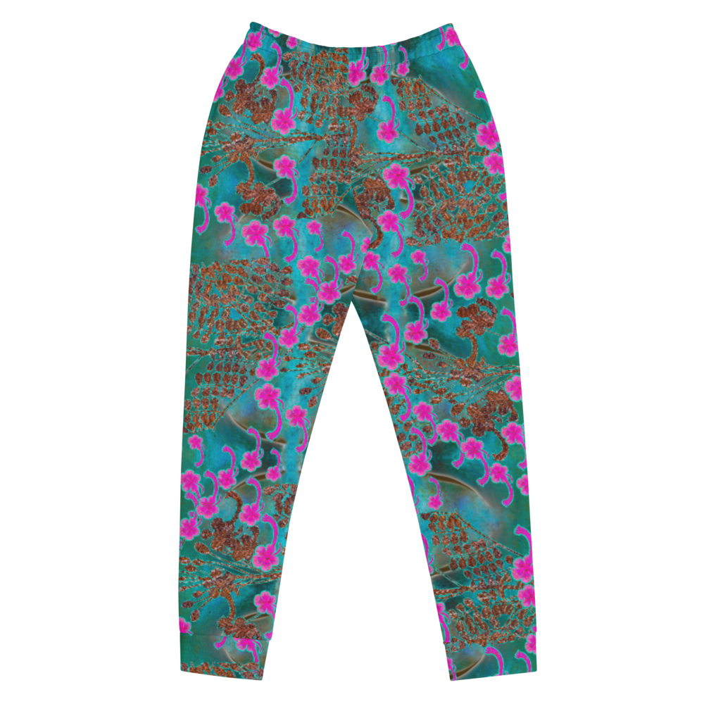 Hand Made, Print on Demand, Apparel & Accessories > Clothing > Activewear, Joggers, Sweatpants, River Jade Smithy, RJS, Travis Huffaker, RJSTH, 70% polyester, 27% cotton, 3% elastane, Slim fit, Cuffed legs, pockets, Elastic waistband, drawstring, RJSTH@Fabric#8, WindSong Flower Collection, raku, blue crackle, woven copper leaves, pink flowers, front