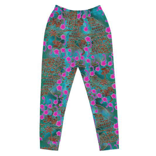 Hand Made, Print on Demand, Apparel & Accessories > Clothing > Activewear, Joggers, Sweatpants, River Jade Smithy, RJS, Travis Huffaker, RJSTH, 70% polyester, 27% cotton, 3% elastane, Slim fit, Cuffed legs, pockets, Elastic waistband, drawstring, RJSTH@Fabric#8, WindSong Flower Collection, raku, blue crackle, woven copper leaves, pink flowers, front
