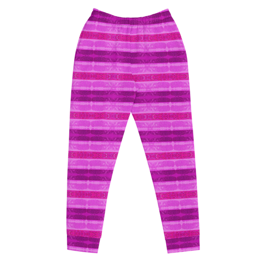 Hand Made, Print on Demand, Apparel & Accessories > Clothing > Activewear, Joggers, Sweatpants, River Jade Smithy, RJS, Travis Huffaker, RJSTH, 70% polyester, 27% cotton, 3% elastane, Slim fit, Cuffed legs, pockets, Elastic waistband, drawstring, RindLink, Rind#9 Flip, GNHV8.2.1, purple, pink, lilac, jeweled, stripes, front