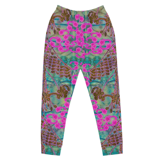 Hand Made, Print on Demand, Apparel & Accessories > Clothing > Activewear, Joggers, Sweatpants, River Jade Smithy, RJS, Travis Huffaker, RJSTH, 70% polyester, 27% cotton, 3% elastane, Slim fit, Cuffed legs, pockets, Elastic waistband, drawstring, RJSTH@Fabric#9, WindSong Flower Collection, geometric, raku, blue, crackle, woven, copper, leaves, pink, flowers, front