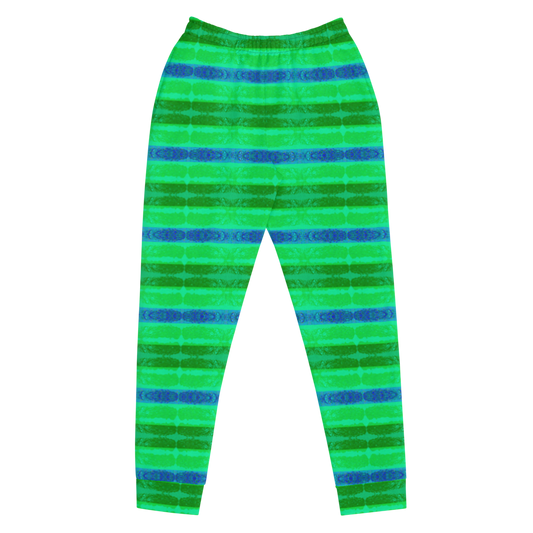 Hand Made, Print on Demand, Apparel & Accessories > Clothing > Activewear, Joggers, Sweatpants, River Jade Smithy, RJS, Travis Huffaker, RJSTH, 70% polyester, 27% cotton, 3% elastane, Slim fit, Cuffed legs, pockets, Elastic waistband, drawstring, RJSTH@Fabric#10, Rind#10 Flip, GNHV8.2.1, green, blue, jeweled, stripes, front