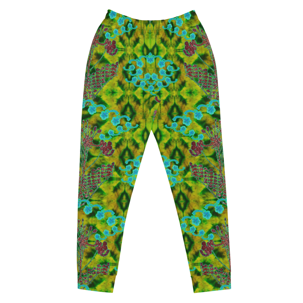 Hand Made, Print on Demand, Apparel & Accessories > Clothing > Activewear, Joggers, Sweatpants, River Jade Smithy, RJS, Travis Huffaker, RJSTH, 70% polyester, 27% cotton, 3% elastane, Slim fit, Cuffed legs, pockets, Elastic waistband, drawstring, RJSTH@Fabric#10, WindSong Flower, geometric, green, red, jade, Woven, copper, leaves, purple, flowers, front