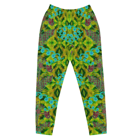 Hand Made, Print on Demand, Apparel & Accessories > Clothing > Activewear, Joggers, Sweatpants, River Jade Smithy, RJS, Travis Huffaker, RJSTH, 70% polyester, 27% cotton, 3% elastane, Slim fit, Cuffed legs, pockets, Elastic waistband, drawstring, RJSTH@Fabric#10, WindSong Flower, geometric, green, red, jade, Woven, copper, leaves, purple, flowers, front