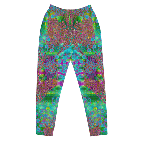 Hand Made, Print on Demand, Apparel & Accessories > Clothing > Activewear, Joggers, Sweatpants, River Jade Smithy, RJS, Travis Huffaker, RJSTH, 70% polyester, 27% cotton, 3% elastane, Slim fit, Cuffed legs, pockets, Elastic waistband, drawstring, RJSTH#Fabric#11, WindSong Flower Collection, blue, green, purple, Woven, Copper, leaves, Blue Flowers, front