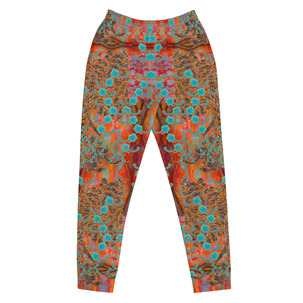 Hand Made, Print on Demand, Apparel & Accessories > Clothing > Activewear, Joggers, Sweatpants, River Jade Smithy, RJS, Travis Huffaker, RJSTH, 70% polyester, 27% cotton, 3% elastane, Slim fit, Cuffed legs, pockets, Elastic waistband, drawstring, RJSTH@Fabric#12, Windsong Flower, red, gray, woven, Copper, Blue Flowers , front