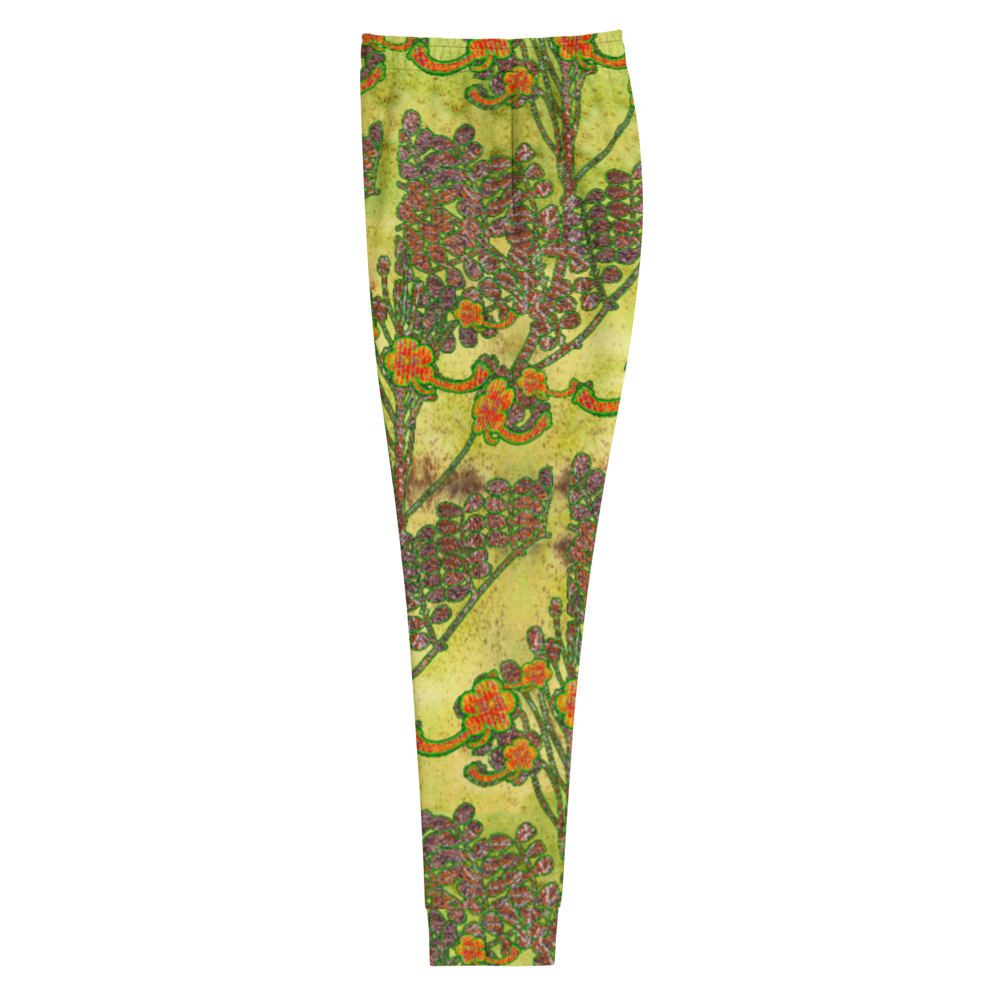 Hand Made, Print on Demand, Apparel & Accessories > Clothing > Activewear, Joggers, Sweatpants, River Jade Smithy, RJS, Travis Huffaker, RJSTH, 70% polyester, 27% cotton, 3% elastane, Slim fit, Cuffed legs, pockets, Elastic waistband, drawstring, RJSTH@Fabric#2, WindSong Flower, raku, green, orange, flowers, copper, side
