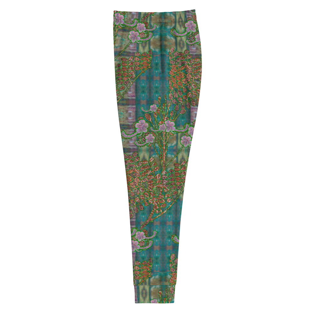 Hand Made, Print on Demand, Apparel & Accessories > Clothing > Activewear, Joggers, Sweatpants, River Jade Smithy, RJS, Travis Huffaker, RJSTH, 70% polyester, 27% cotton, 3% elastane, Slim fit, Cuffed legs, pockets, Elastic waistband, drawstring, RJSTH@Fabric#4, WindSong Flower, green, crackle, purple, flowers, copper, side