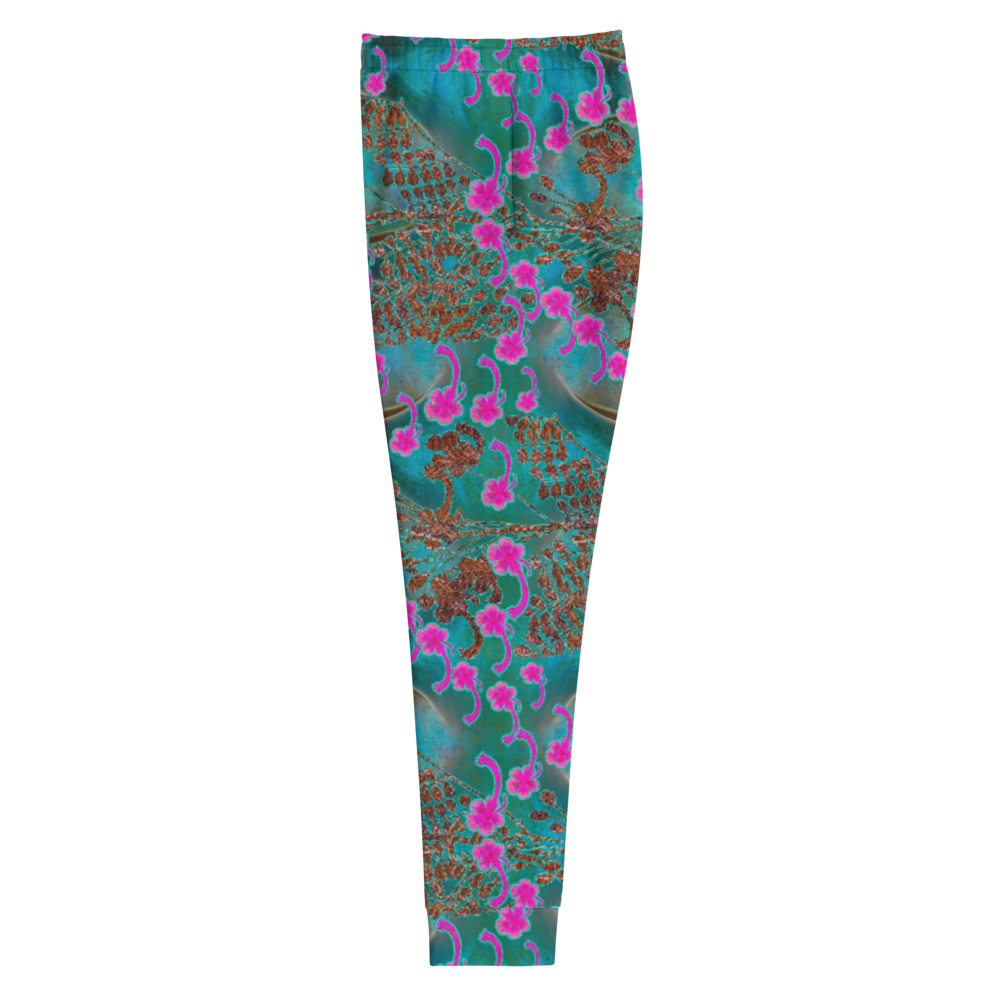 Hand Made, Print on Demand, Apparel & Accessories > Clothing > Activewear, Joggers, Sweatpants, River Jade Smithy, RJS, Travis Huffaker, RJSTH, 70% polyester, 27% cotton, 3% elastane, Slim fit, Cuffed legs, pockets, Elastic waistband, drawstring, RJSTH@Fabric#8, WindSong Flower Collection, raku, blue crackle, woven copper leaves, pink flowers, side