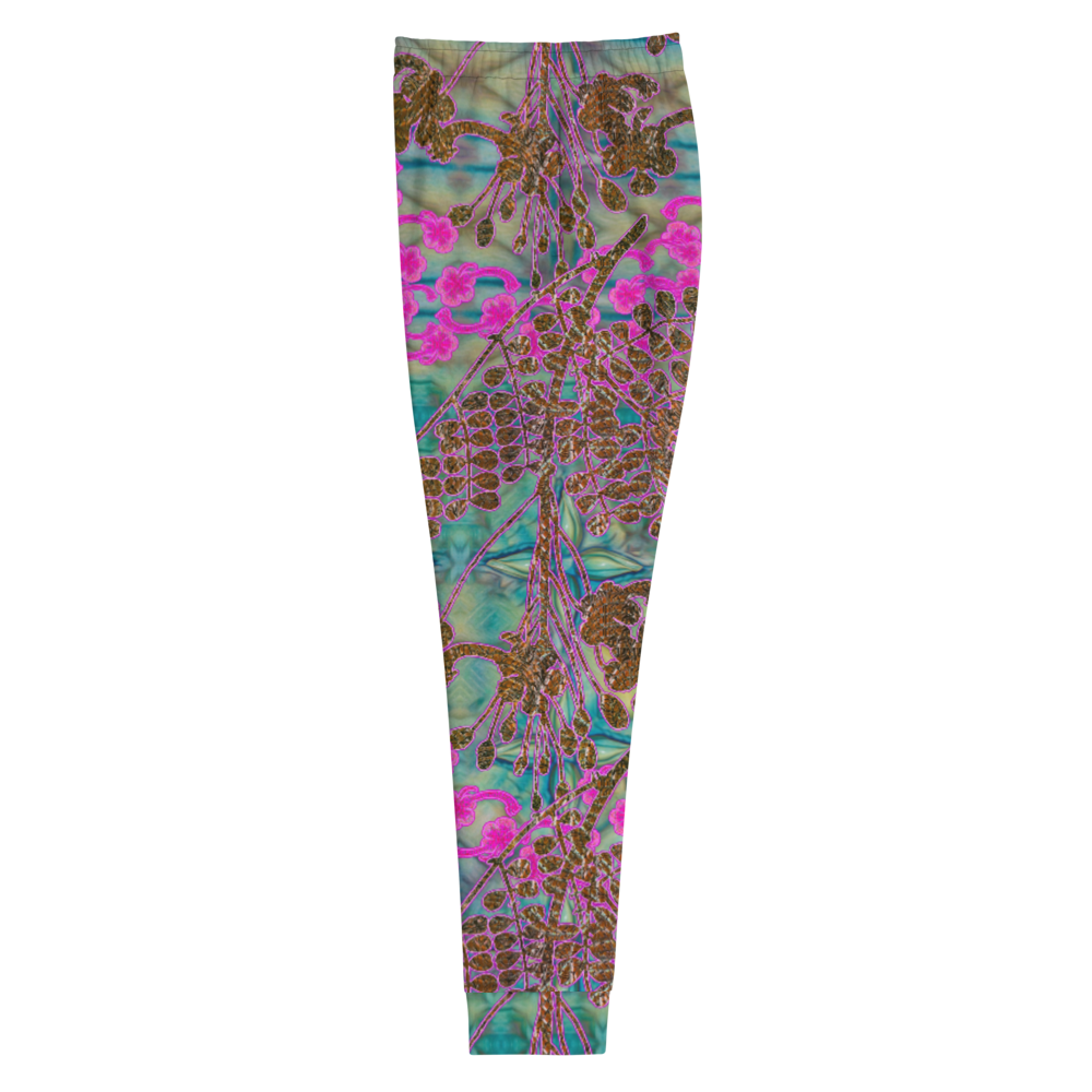 Hand Made, Print on Demand, Apparel & Accessories > Clothing > Activewear, Joggers, Sweatpants, River Jade Smithy, RJS, Travis Huffaker, RJSTH, 70% polyester, 27% cotton, 3% elastane, Slim fit, Cuffed legs, pockets, Elastic waistband, drawstring, RJSTH@Fabric#9, WindSong Flower Collection, geometric, raku, blue, crackle, woven, copper, leaves, pink, flowers, side