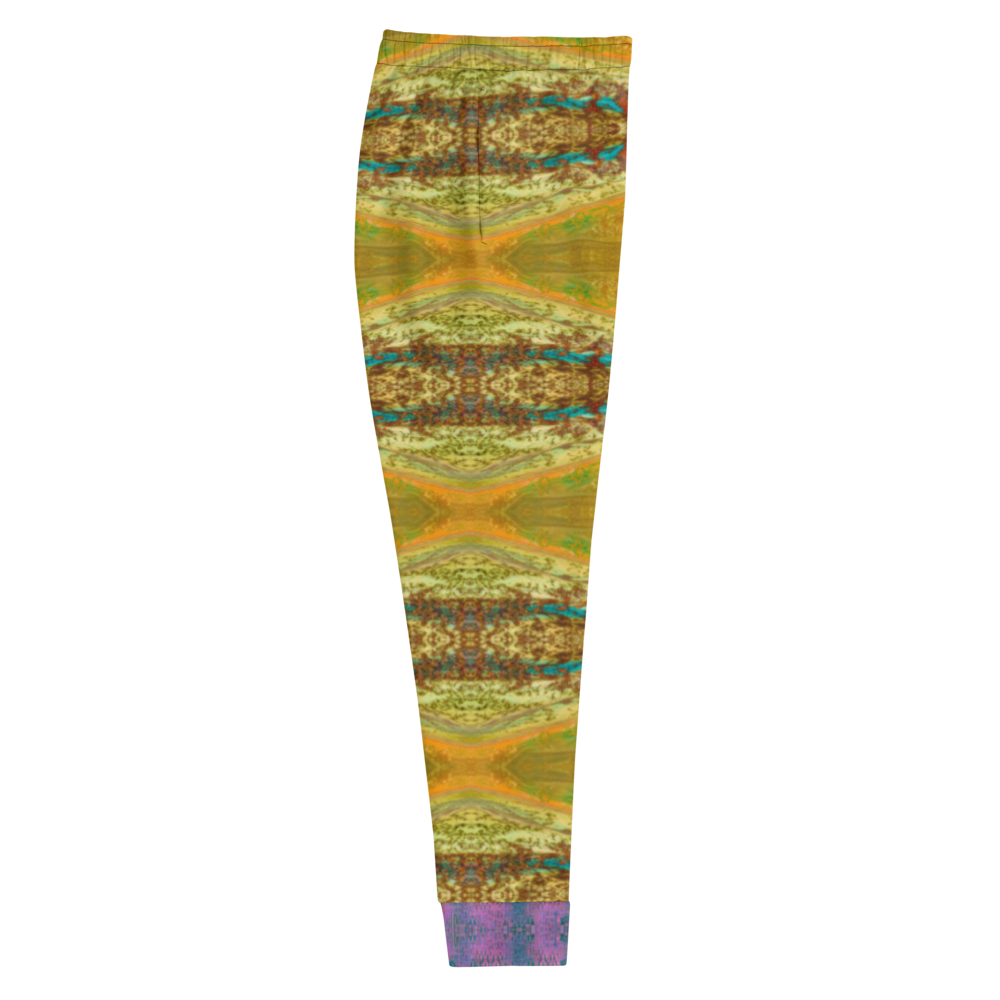 Hand Made, Print on Demand, Apparel & Accessories > Clothing > Activewear, Joggers, Sweatpants, River Jade Smithy, RJS, Travis Huffaker, RJSTH, 70% polyester, 27% cotton, 3% elastane, Slim fit, Cuffed legs, pockets, Elastic waistband, drawstring, RJSTH@Fabric#6, purple, leg cuff, bronze, gold, raku, blue, glass, copper, side