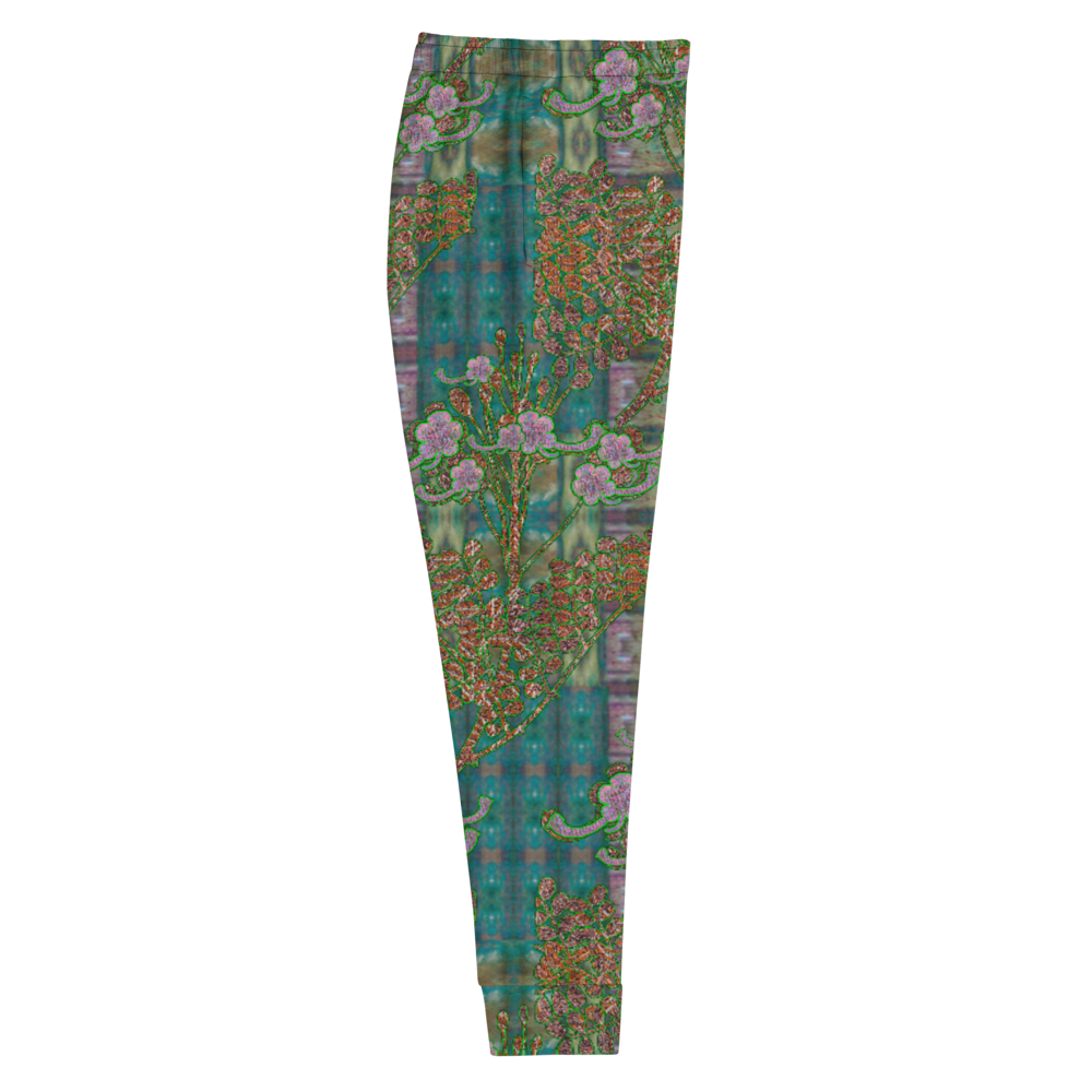 Hand Made, Print on Demand, Apparel & Accessories > Clothing > Activewear, Joggers, Sweatpants, River Jade Smithy, RJS, Travis Huffaker, RJSTH, 70% polyester, 27% cotton, 3% elastane, Slim fit, Cuffed legs, pockets, Elastic waistband, drawstring, RJSTH@Fabric#4, WindSong Flower, green, crackle, purple, flowers, copper, side