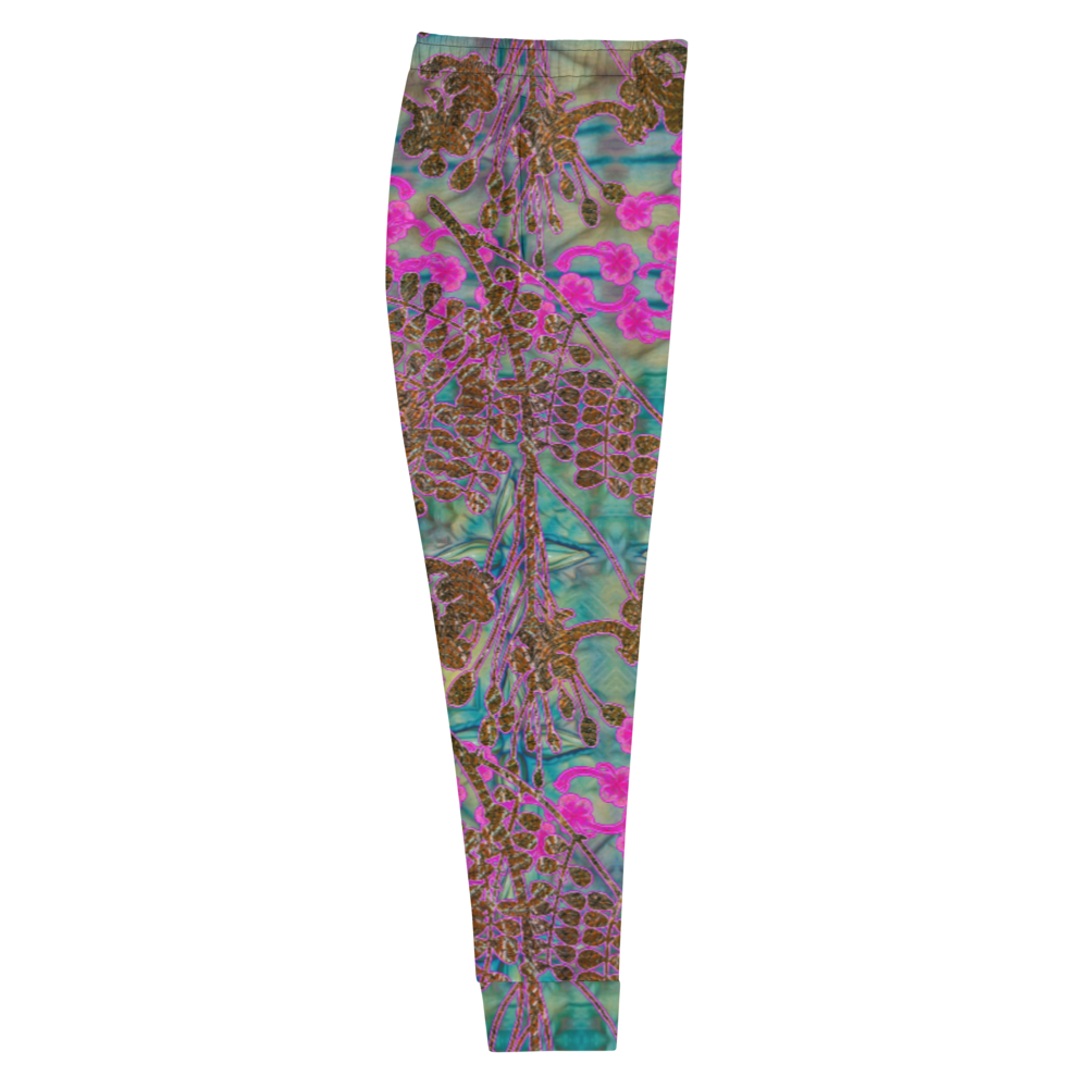 Hand Made, Print on Demand, Apparel & Accessories > Clothing > Activewear, Joggers, Sweatpants, River Jade Smithy, RJS, Travis Huffaker, RJSTH, 70% polyester, 27% cotton, 3% elastane, Slim fit, Cuffed legs, pockets, Elastic waistband, drawstring, RJSTH@Fabric#9, WindSong Flower Collection, geometric, raku, blue, crackle, woven, copper, leaves, pink, flowers, side