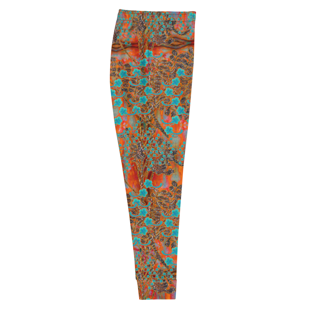 Hand Made, Print on Demand, Apparel & Accessories > Clothing > Activewear, Joggers, Sweatpants, River Jade Smithy, RJS, Travis Huffaker, RJSTH, 70% polyester, 27% cotton, 3% elastane, Slim fit, Cuffed legs, pockets, Elastic waistband, drawstring, RJSTH@Fabric#12, Windsong Flower, red, gray, woven, Copper, Blue Flowers , side