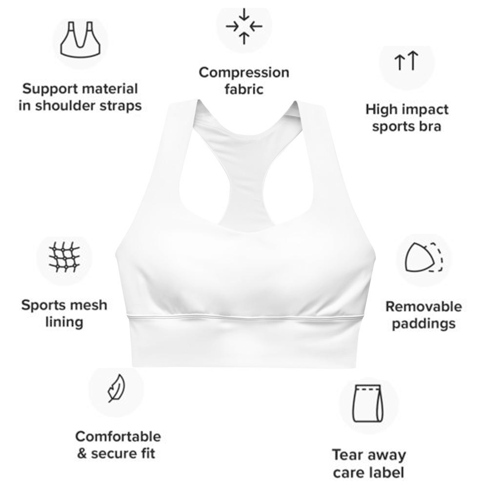 Longline sports bra product specs image, Support material in shoulder straps, compression fabric, high impact sports bra, removable paddings, tear away care label, comfortable and Secure Fit, sports mesh lining, River jade Smithy, by River Jade Smith Travis Huffaker, RJSTH, Print on Demand